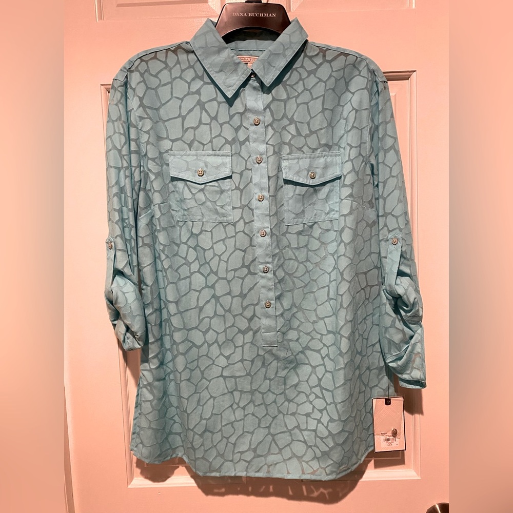 Dana Buchman Light Blue Printed Button-Front Blouse